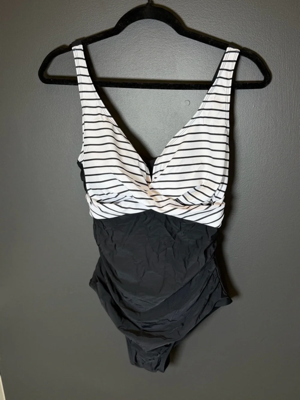 NWT Eomenie One Piece Swimsuit Black White Striped Ruched Tie Back Tummy Control